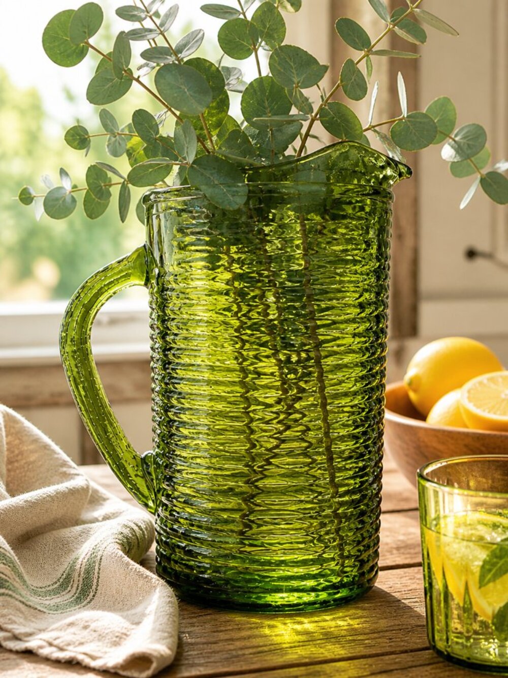 Vintage Green Glass Pitcher Ribbed Textured Mid Century Decor Statement Piece